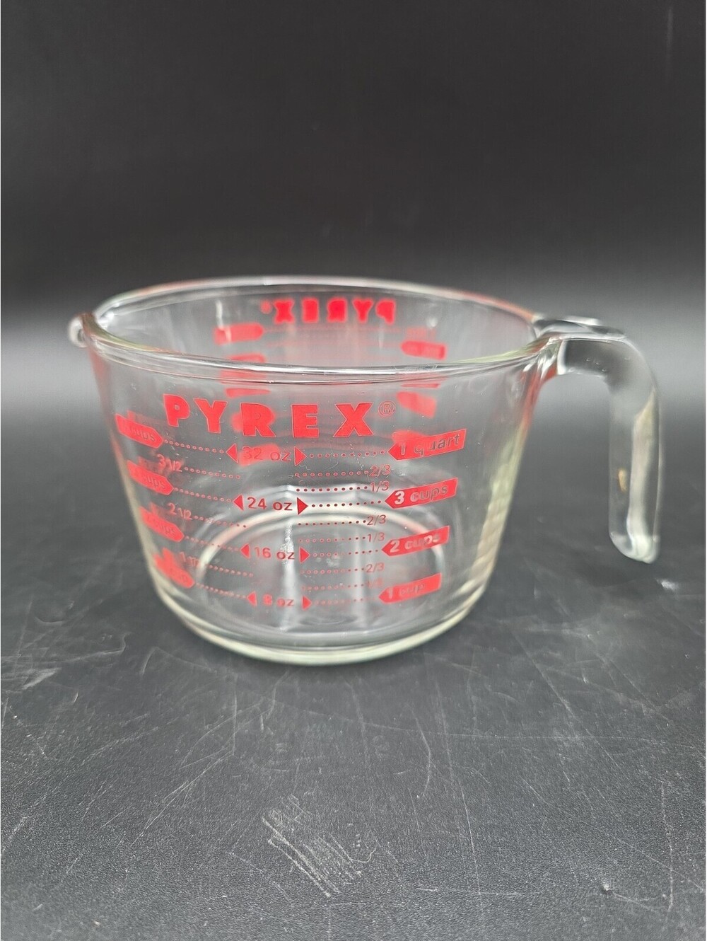 Vintage Pyrex 4 Cup Measuring Cup 1 Quart 1000ml Red Lettering Glass Made in USA